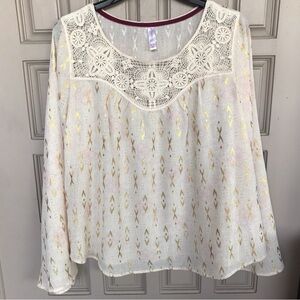 Xhileration SzXL Lacy Yoke Blouse Ivory/Gold/Pink Long Sleeves Light Weight Nice